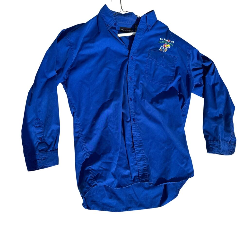 VTG Kansas Jayhawks KU Football Blue Button Up 2008 Orange Bowl Peregrine Bay XL